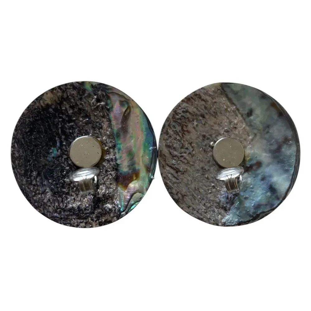 Abalone Shell Clip On Earrings Round Paua Shell Iridescent Blue Green 1.5” Vtg